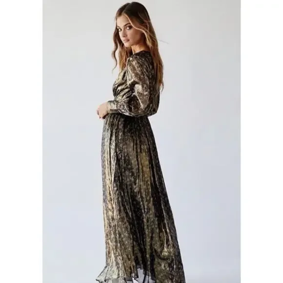 LoveShackFancy Cyrena Metallic Silk-Blend Maxi Dress XS Floral Pliss Gown